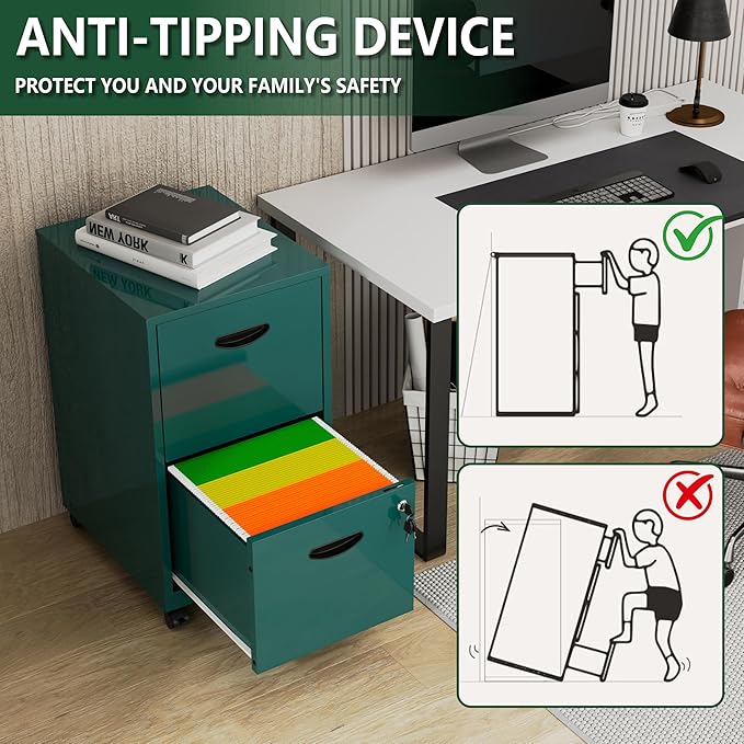 Polup 2 Drawer File Cabinet with Lock, Small Rolling Filing Cabinet for Home Office, Metal Mobile File Cabinets on Wheels, Under Desk Office Cabinets for Letter Size Folders - Assembly Required