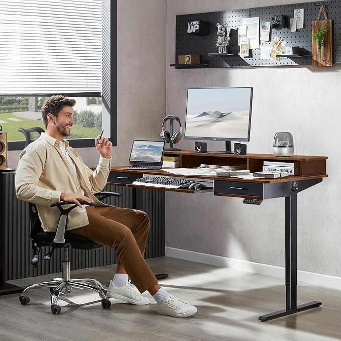 WALKINGDESK 63 Inches Electric Standing Desk with Keyboard Tray, Height Adjustable Sit to Stand Table with 2 Drawers, Ergonomic Home Office Desk with Storage Shelf, Computer Table, Black Walnut
