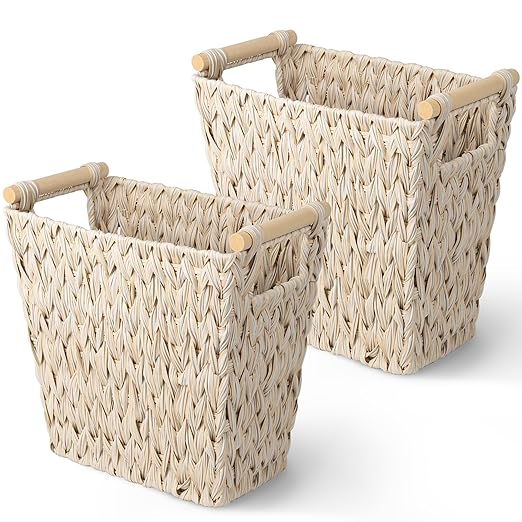 GRANNY SAYS Waterproof Wicker Desk Wastebasket with Handle – Natural (2-Pack, 5 Gal)