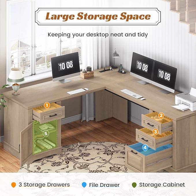 SEDETA Farmhouse 69" Executive L Shaped Desk, Corner Computer Desk with Storage Drawers and Power Outlet, Home Office Desk with File Drawer for Home Office, Oak