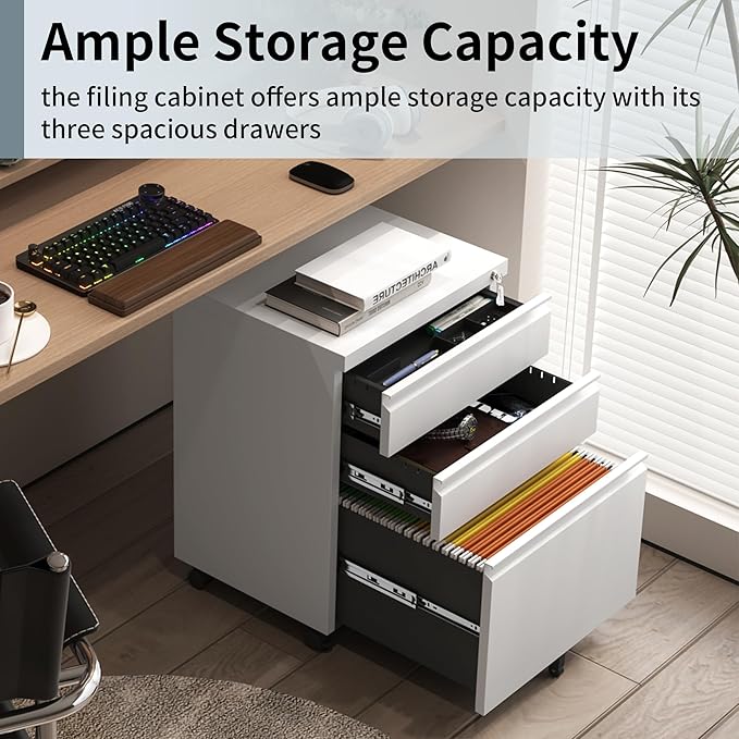 Approgreent Mobile File Cabinet for Home Office, Lockable 3 Drawer Filing Cabinet with Wheels for A4-Size/Letter-Size/Legal-Size, Fully Assembled Except Casters, White