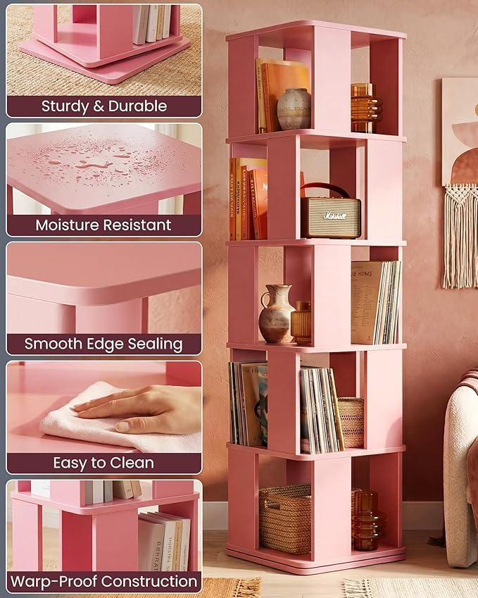 Foxemart 5-Tier Rotating Bookshelf Tower, 360° Spinning Modern Book Storage Bookcase, Stable Display Corner Book Shelf for Kids Room, Living Room, Bedroom, Home Office, Pink