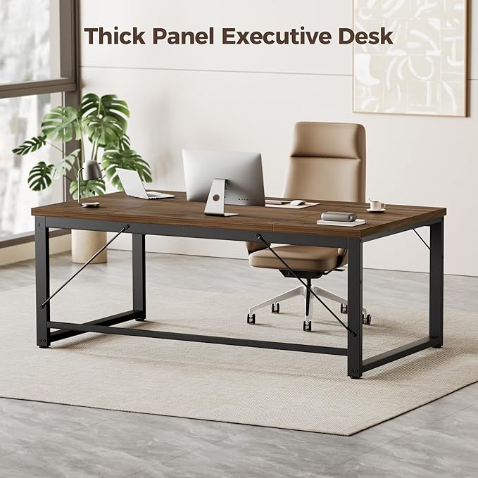 Mericonia 63 Inch Large Computer Desk, 1" Thick Heavy Duty Industrial Office Desk, Modern Simple Study Writing Table for Home Office Bedroom Workstation, Walnut