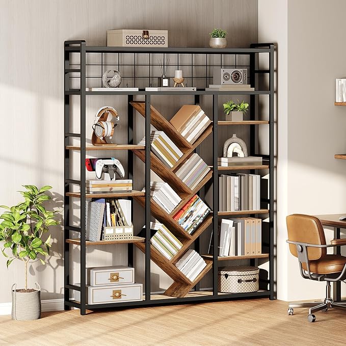 RALGEND Triple 7-Tier Bookshelf, Industrial Large Bookcase with 20 Open Display Shelves, Modern Tree Bookcase with Metal Frame and Hanging Function for Living Room, Home Office, Rustic Brown and Black