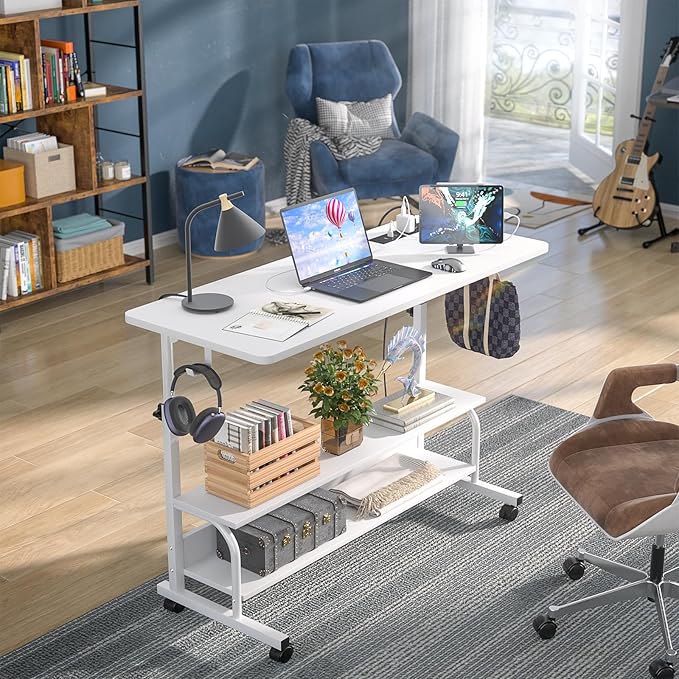 Armocity Rolling Standing Desk with Power Outlets, 39" Manual Height Adjustable Mobile Computer Desk with Wheels, Small Portable Sit Stand Laptop Couch Table for Bed & Sofa Home Office, Whtie
