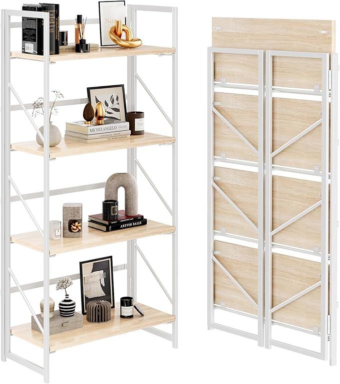 JSB No Assembly Folding Bookshelf, 4 Tier Industrial Metal Book Shelf for Storage, Vintage Wood Foldable Bookcase for Living Room, Bedroom, Office Organization Shelves