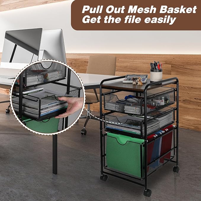 EasyPAG 3-Tier Rolling File Cart with 1 Large & 2 Small Baskets – Adjustable Hanging Organizer, Under Desk Storage, Mobile File Cabinet for Home/Office, Black