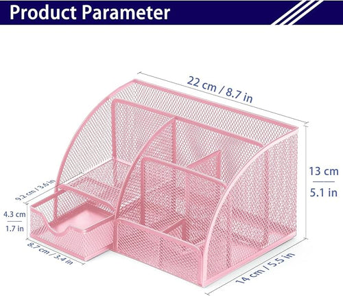 Boutilon Mesh Desk Organizer Desktop Office Supplies Stationary Organizer with 6 Compartments and 1 Drawer Multi-Functional Caddy Pen Holder for Home Office School Desk Decor(Pink)