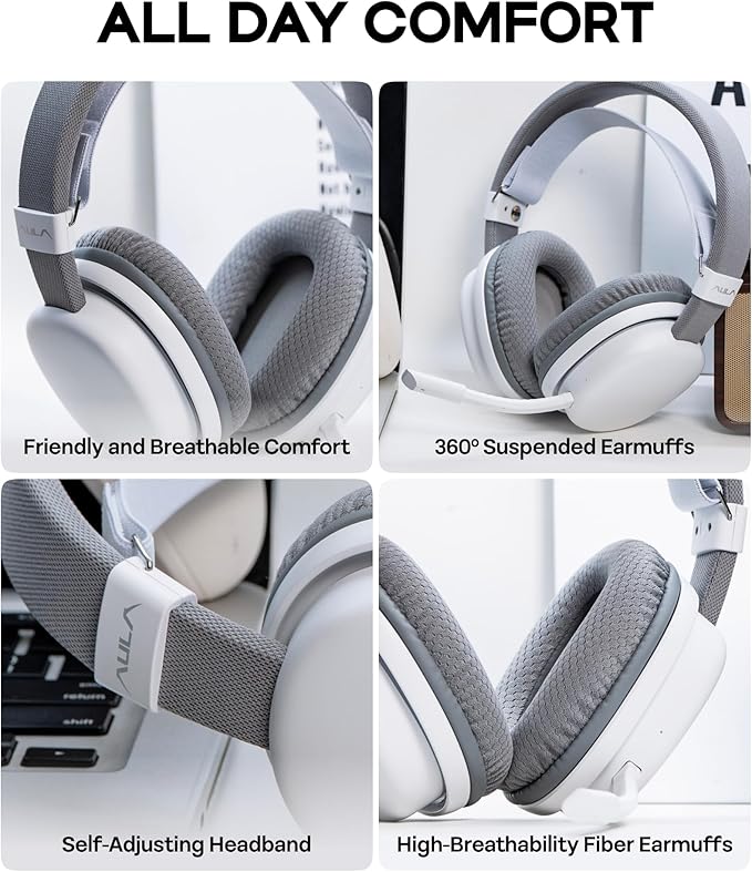 MechLands Aula G7 Wireless Gaming Headset for PS4/PS5/PC/Switch, Over-Ear Headphones with Detachable Noise Canceling Mic, RGB, Surround Sound, 60H Battery, 2.4GHz/BT/Wired (White)