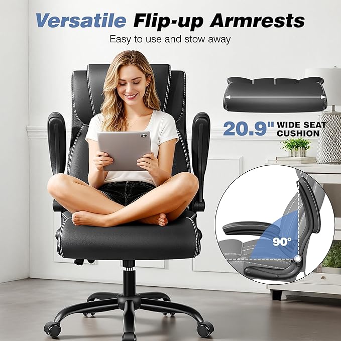 BESTFAIR Ergonomic Office Chair - Desk Computer Chair, Leather High Back Executive Chairs with Adjustable Lumbar Support & Flip Up Arms, Black 8 Pack