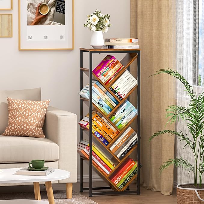 Cutogxon Tree Bookshelf - 9 Tier Floor Standing Tree Book Storage Organizer with Adjustable Feet for Hardcover Books, Vintage Living Room, Corne,Small Space, Patent Pending