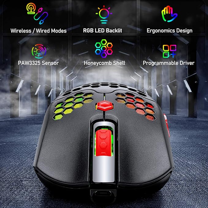 ZIYOU LANG Wired/Wireless Lightweight Gaming Mouse,16 RGB Backlit Mice with 7 Buttons Programmable Driver,PAW3325 12000DPI,Rechargeable 800mA Battery,Lightweight Honeycomb Shell Mouse for PC Gamer