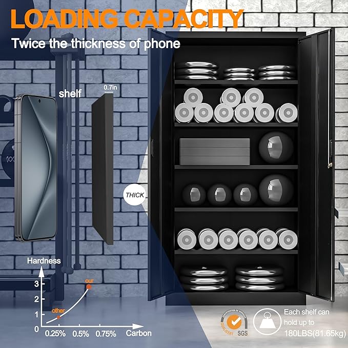71" H Tall Metal Storage Cabinet with Lock and 5 Adjustable Shelves, Metal Garage Storage Cabinet for Home, Office, Garage, Warehouse Organize, Black
