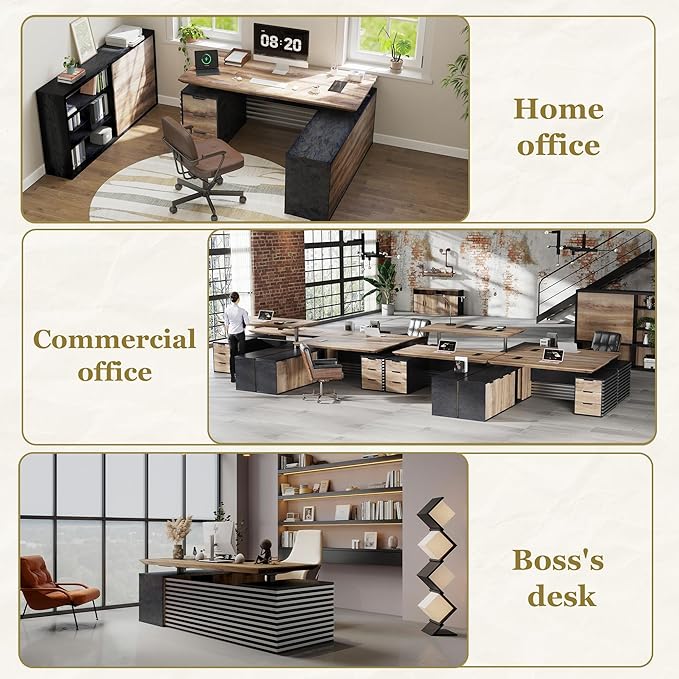 SAINTCY 78.74In L Shaped Executive Standing Desk with Drawers, Large Modern Adjustable Heigh Home Office Desk w/File Cabinet, AC/USB, Business Workstation, Black and Warm Oak