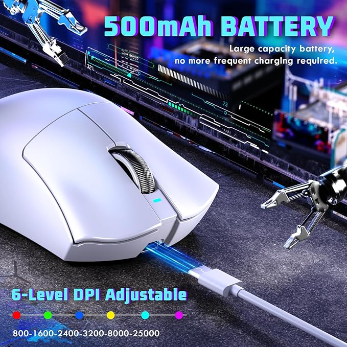 MAMBASNAKE ATTACKSHARK V3 Wireless Gaming Mouse,Adjustable 25K DPI PAW3311 Optical Sensor,Ergonomic 62g Lightweight 5 Programmable Buttons 500mAH Battery,2.4G/BT/USB-C Wired for PC/Mac-White