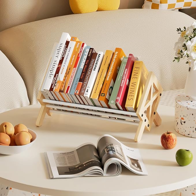 Desktop Bookshelf Organizer, Wood Office Tabletop Book Storage Rack, Tilting Bookcase for Books/CDs/Magazine Display (White)