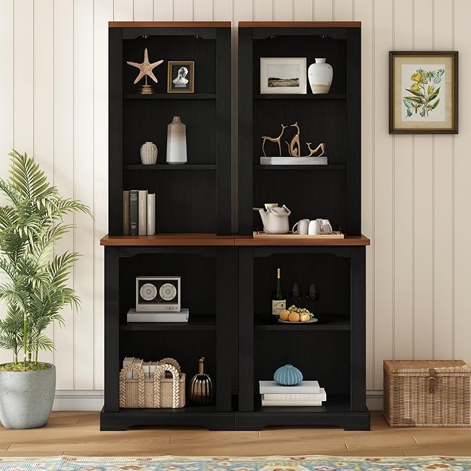 ON-Trend Two-Piece Elegant Freestanding Tall Cabinet with Fully Open Storage, Walnut Element Bookshelves with Curved Design, Stylish Display Bookcase with Anti-Tip Device for Living Room, Black Refi