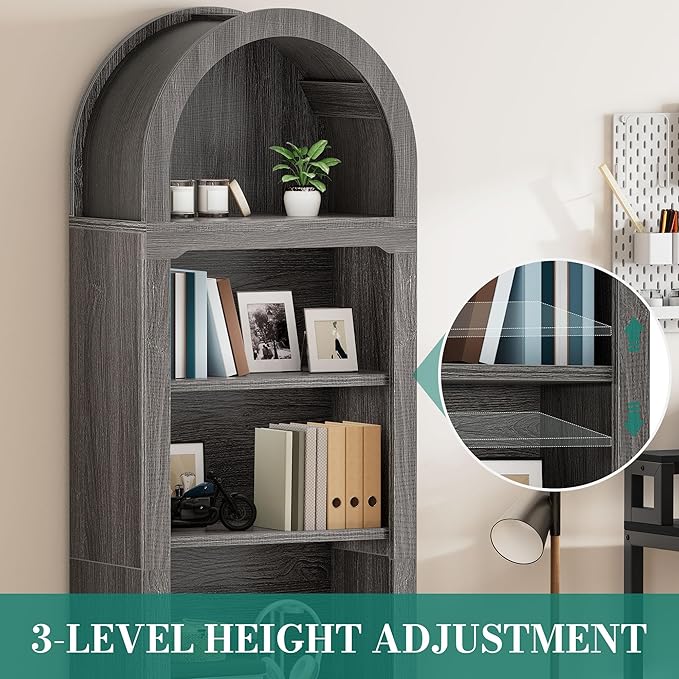 YITAHOME Arched Bookshelf, 68.5" Tall Bookcase, 5-Tier Arched Bookcase with Storage, Open Display Rack with Adjustable Shelves for Living Room and Home Office, Charcoal Gray