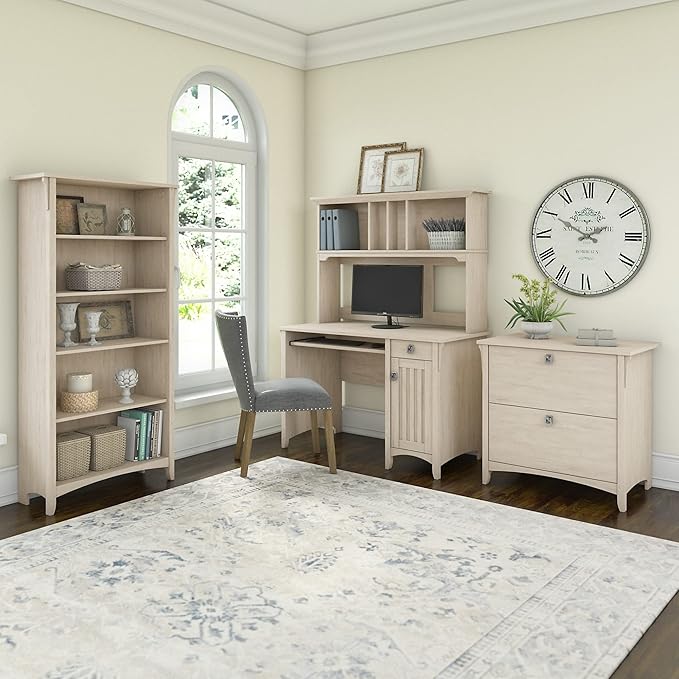 Bush Home Salinas Mission Desk with Hutch, Lateral File Cabinet and 5 Shelf Bookcase in Antique White