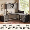 SEDETA Farmhouse L Shaped Office Desk with 6 Drawer, Reversible Computer Desk with Power Outlet, Hutch for Home Office/Two Person, Corner Desk with File Drawer & Printer Storage Shelves, Grey