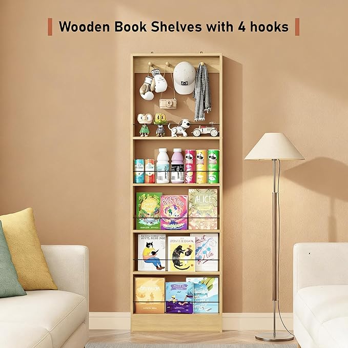 Behind The Door Bookshelf Kids,Wooden Behind Door Bookshelf, 5-Tier Bookcase Book Shelf Space-Saving Organizer Storage for Toys and Story Books Wall Mount Shelves with Hooks(Oak)