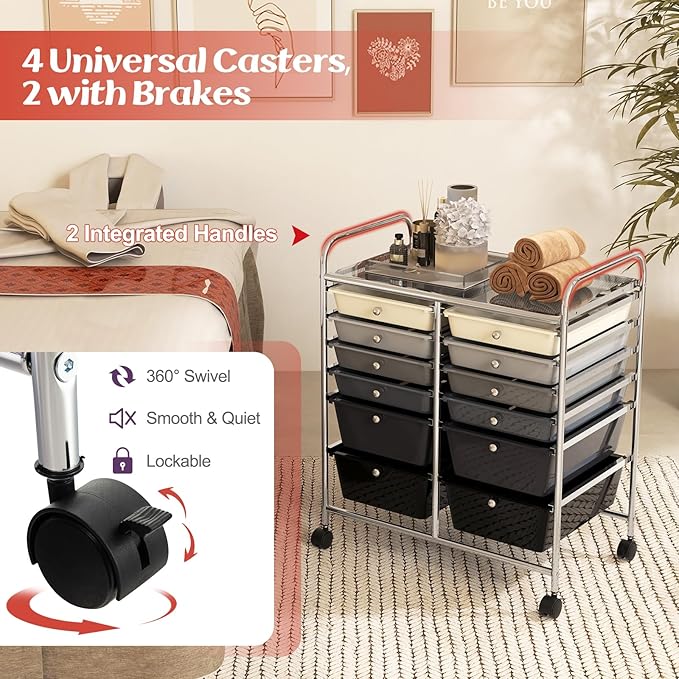 Moccha 12-Drawer Rolling Storage Cart - Utility Cart on Wheels with Lockable Casters for Craft Art Supply Paper Salon, Mobile Drawer Carts for Classroom Teacher School Office (Gradient Grey)