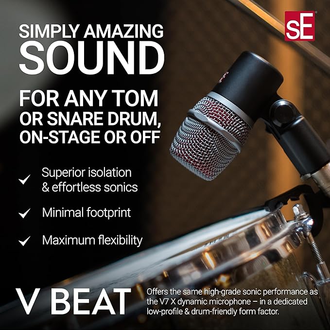 SE ELECTRONICS V BEAT Drum Mic - Compact Dynamic Supercardioid Drum Microphone for Toms & Snares with Adjustable Swivel Mount for Precise Positioning - Perfect for Studio & Live Use