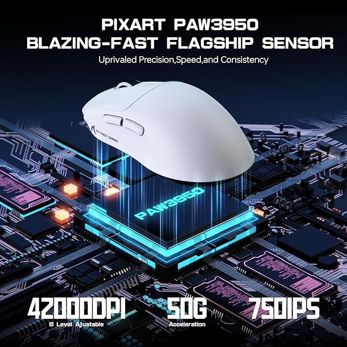 ATTACK SHARK X3MAX Wireless Gaming Mouse,PixArt PAW3950 Gaming Sensor,Up to 42K DPI,100 Million Micro,49g Lightweight Tri-Mode(BT5.2/2.4Ghz/Wired) Mice with Coiled Cable-White