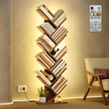 Hoctieon 10 Tier Tree Bookshelf, Tall Bookcase, Freestanding Book Shelf with LED Lights, Display Floor Standing Storage Shelf, Book Organizer Shelves for Home Office, Living Room, Rustic Brown