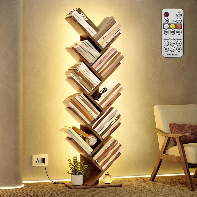 Hoctieon 10 Tier Tree Bookshelf, Tall Bookcase, Freestanding Book Shelf with LED Lights, Display Floor Standing Storage Shelf, Book Organizer Shelves for Home Office, Living Room, Rustic Brown