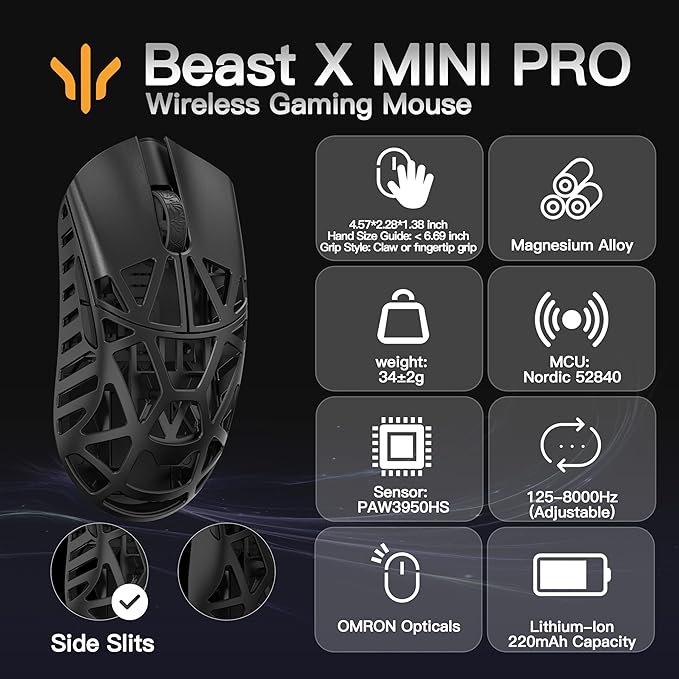 WLMOUSE Beast X Mini Pro Ultra-Light 34g Magnesium Gaming Mouse, PAW3950 HS Sensor, 8K Polling Rate, 30000 DPI,OM & TTC Switches, Customizable Side Panels.(Black(OM Switch-Side Slits))
