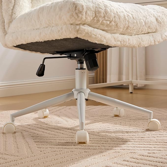 Goujxcy Desk Chair with Thickened seat Cushion, Modern Faux Fur Upholstered Home Office Chair, 360° Swivel Armless Desk Chairs, 120°Rocking Ergonomic Computer Task Vanity Chairs, Cream