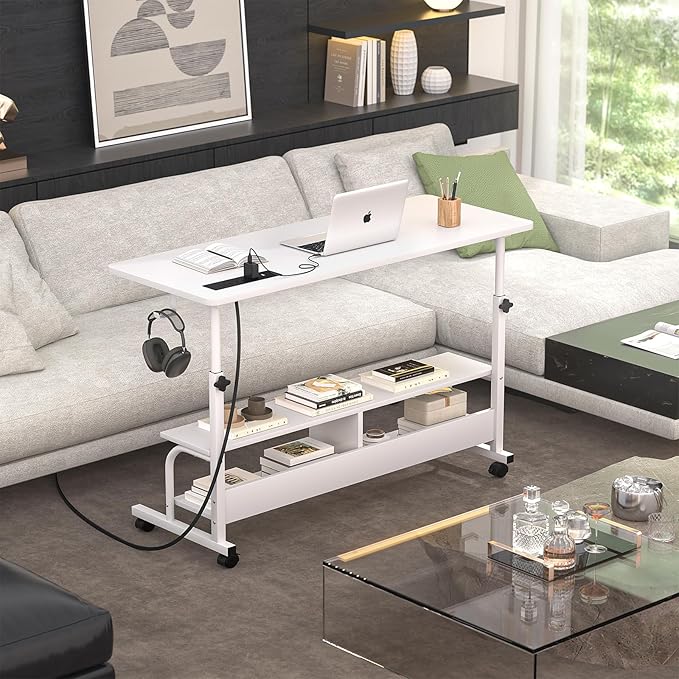 Armocity Rolling Standing Desk with Power Outlets, 47" Manual Height Adjustable Mobile Computer Desk with Wheels, Portable Sit Stand Laptop Couch Table for Bed & Sofa Home Office, Whtie