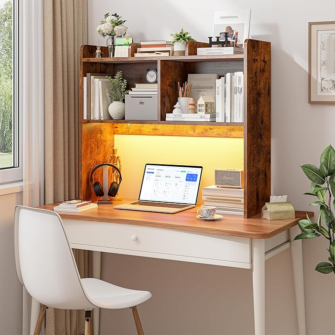 REIBII Desk Hutch Dorm for Computer Monitor Up to 27", Dorm Desk Hutch Top Only with RGB Light Strip, Wooden Desktop Bookshelf with 6 Shelves, 3-Tier Desktop Shelf for Home Office Dorm, Rustic Brown
