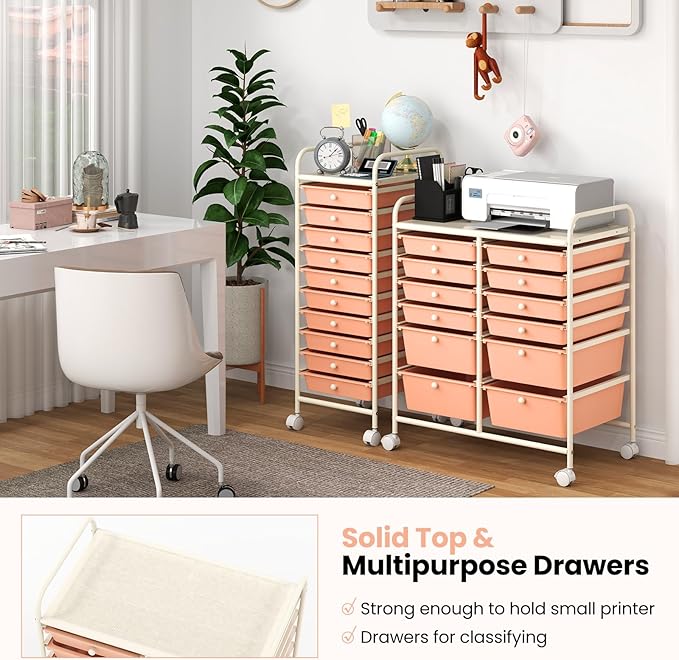 Moccha 12-Drawer Rolling Storage Cart - Utility Cart on Wheels with Lockable Casters for Craft Art Supply Paper Salon, Mobile Drawer Carts for Classroom Teacher School Office (Peach)