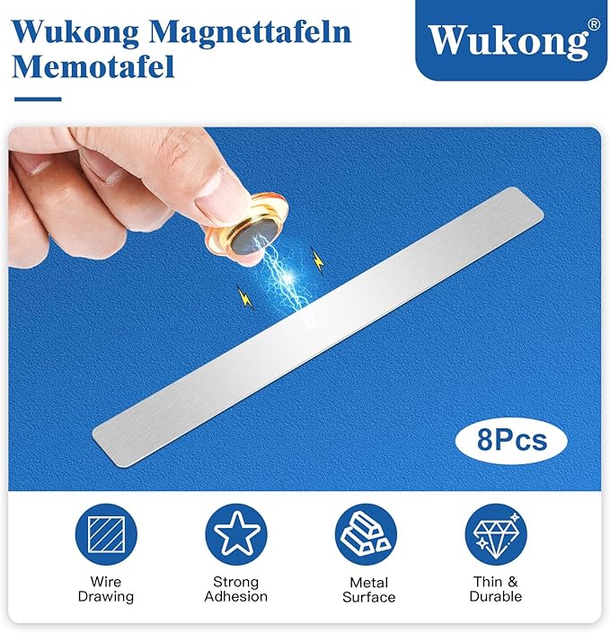 Wukong 8 Pack | 30x3cm(11.81 x 1.18) Magnetic Stainless Silver Boards Strips, Adhesive Backing Bulletin Bar Board, Memo Board with 32Pcs Colorful Magnets for Office, Home, Photo Wall, Documents