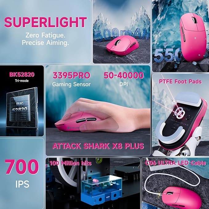 ATTACK SHARK X8 Plus Wireless Gaming Mouse,55g Ultra-Lightweight Wired/BT/2.4GHz Wireless Programmable Mouse,1K Polling Rate,PixArt PAW3395PRO Sensor,40K DPI,Gamer Mice for PC/Win/Mac/Big Hand(Berry)