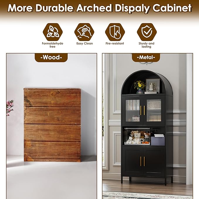 VEXPOR 73" Tall Arched Kitchen Pantry Cabinet with Doors, Metal Arched Hutch Cabinet for Kitchen, Dining Room, Living Room, Assembly Required, Black
