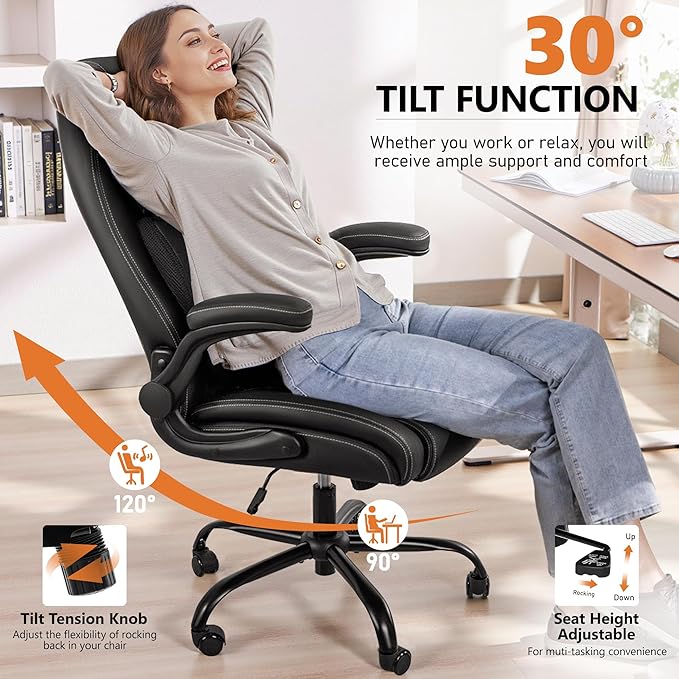 BESTFAIR Office Chair, Ergonomic Computer Desk Chairs with Lumbar Support for Lower Back Pain Relief, Executive Leather Home Chair Comfy with Padded Flip-up Armrests, Black, 2-Pack