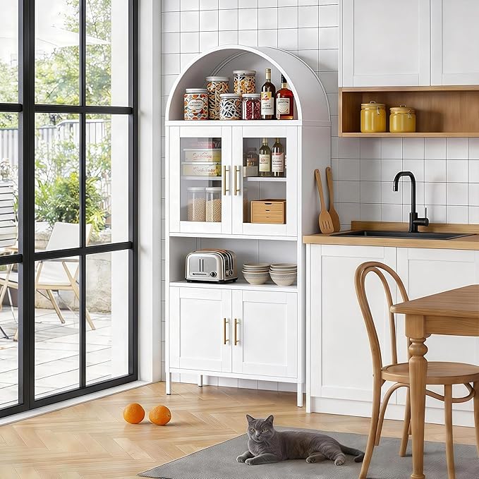 VEXPOR 73" Tall Arched Kitchen Pantry Cabinet with Doors, Metal Arched Hutch Cabinet for Kitchen, Dining Room, Living Room, Assembly Required, White