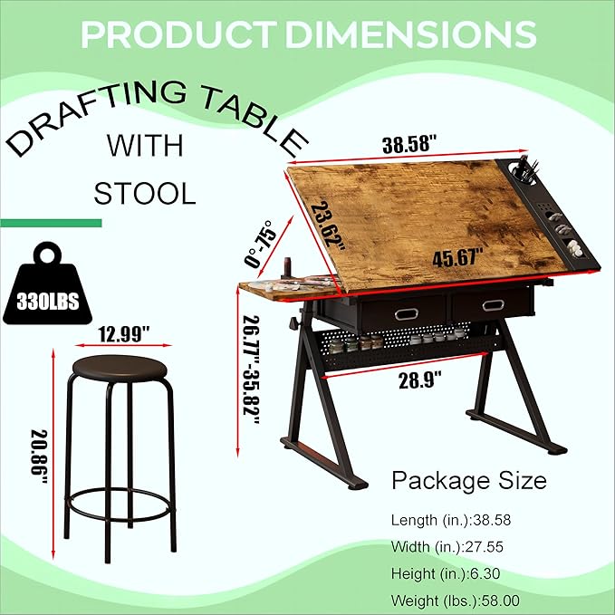 Height Adjustable Drafting Table, Tilting Tabletop Artist Desk w/2 Storage Drawers & Stool, Craft Drawing Table for Painting, Sketching, Home Office, Art Studio (Black+Wood)