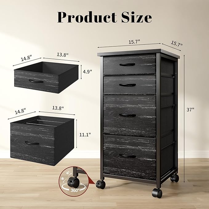 4 Drawers Mobile File Cabinet Vertical Filing Cabinet with Fabric Drawer Fits A4/Letter Size Printer Stand for Home Office，Black