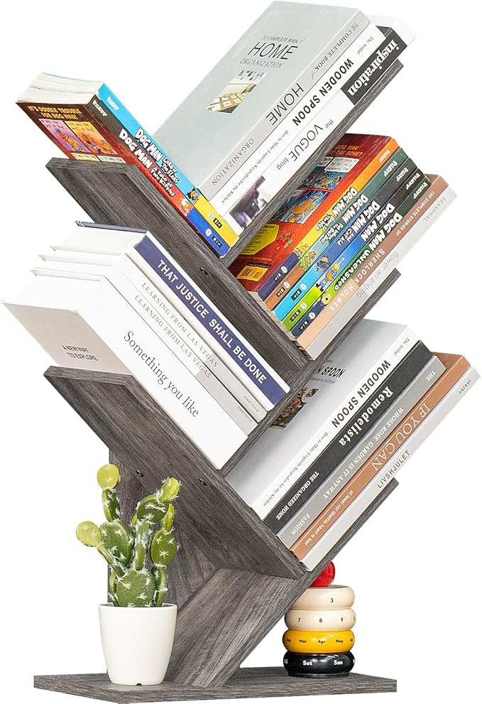 SHEEPAM 5 Tier Tree Book Shelf, Small Desktop Bookshelf with Storage Organizer, Wood Bookcase, Desk Display Bookshelves, Floor Standing Organizer Bookcases for Living Room,Bedroom,Office - Light Grey