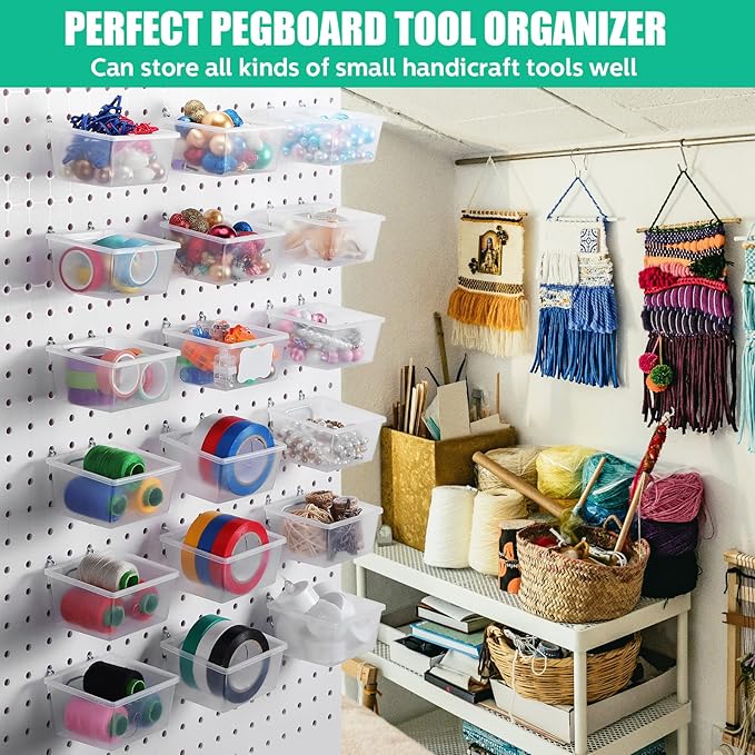 Unittype 24 Set Clear Peg Board Baskets and Bins Pegboard Baskets Organizer Accessories Peg Board Bins with Hooks Sticker Label and Pen for Office Wall Teacher Craft Supplies Garage Tool Storage