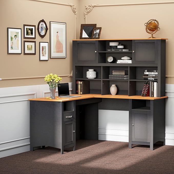 HOMCOM L Shaped Computer Desk with Hutch, 59" Corner Desk, Space Saving Home Office Desk with Storage Shelves, Drawer and Cabinet, Black