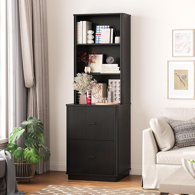 ONBRILL 71" Tall Fluted Bookcase with 2 File Drawers, Curved Design Display Bookshelf with Storage, Mid-Century Modern 3 Tier Bookcase with Sturdy Pedestal for Home Office, Living Room, Black