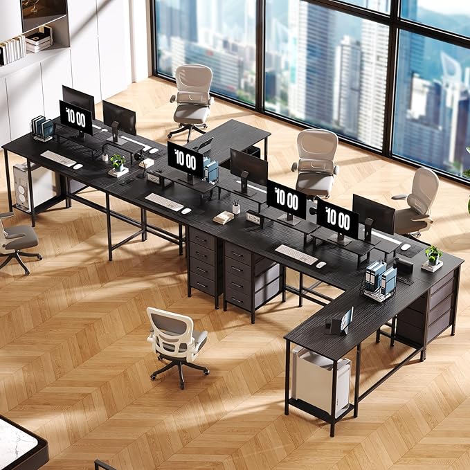 Korfile 66" L Shaped Computer Desk, 94.4'' Home Office Desk with Power Outlets, 4 Adjustable Storage Drawers & 2 Monitor Stands, Large Two Person Gaming Table for Writing Study, Black