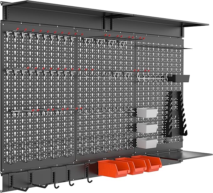 WALMANN 113 PCS Pegboard Wall Organizer Kit with Pegboard Hooks, Bins, Shelves, Pegboard Tools Storage System for Garage, Workbench, Modular Peg Board Tool Organizer Board with Hooks(Black)