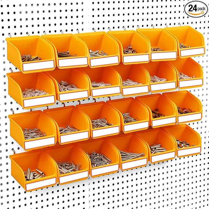 ELEAD Pegboard Bins Organizer Set 24-Pack - Durable Storage Tray for Screws, Nuts, Bolts, Hardware, Crafts, Accessories | Fits Standard Pegboards | 24 Labels for Garage Workshop Craft Room