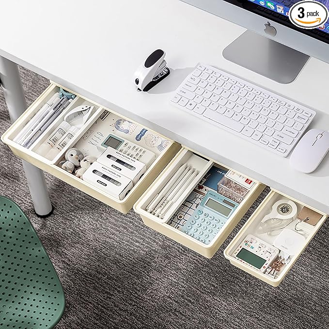 Cedilis 3 Pack Under Desk Drawer, Self-Adhesive Desk Organizer Drawers, Hidden Drawers Pencil Tray, Add a Drawer Under Table Easily, Attachable Desktop Organizer for Office School Home, Beige